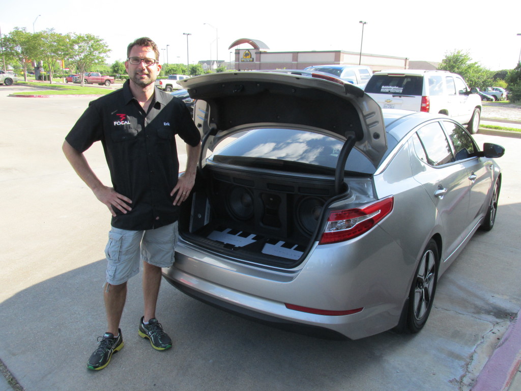 Erik Hansen, Kia Optima Hybrid 2013 Products Used: 1 Gladen Audio Aerospace 165.3, 2 Mosconi Zero 3 amplifiers, 2 Illusion Audio C12XL subwoofers, Black Hole Tile, Focal BAM